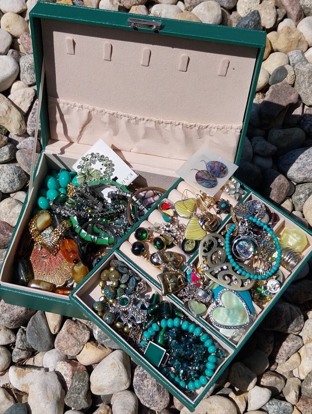 Vintage Green Leather Jewelry Box with Assorted Turquoise & Gold Jewelry